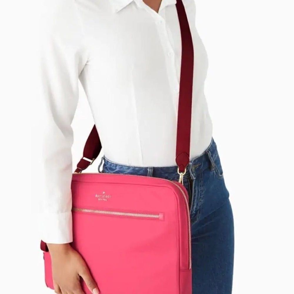 Kate Spade NY Chelsea Nylon Laptop Sleeve Crossbody Bag With Strap in Red & Gold - Picture 3 of 14